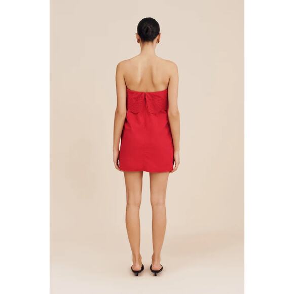 NWT POSSE Beryl Strapless Mini Dress Pockets Ruby Red Cotton Eyelet Lined L - Picture 2 of 13